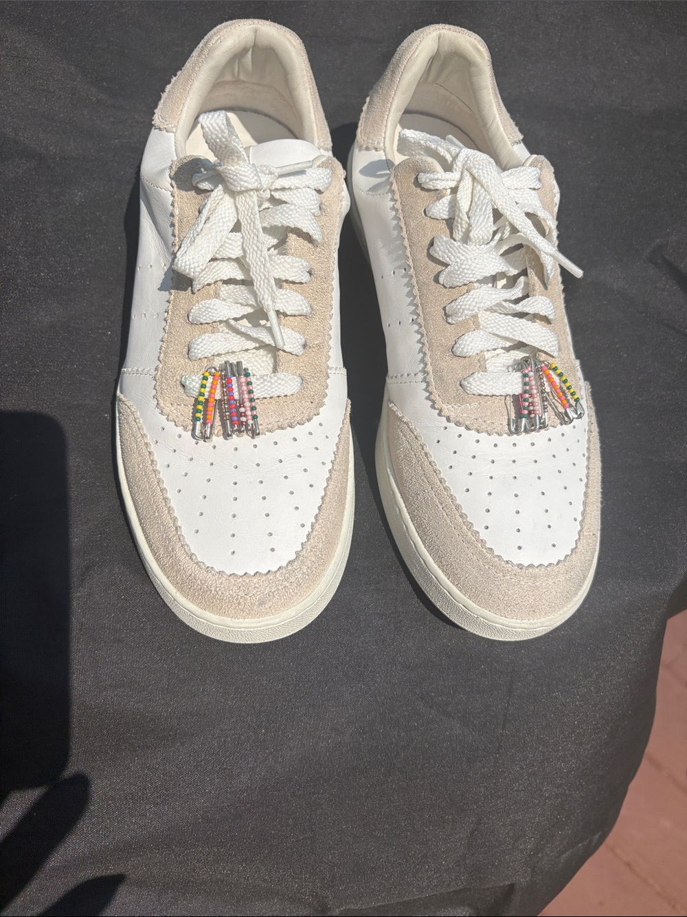 Loeffler Randall White and Beige Leather Beaded Sneakers
